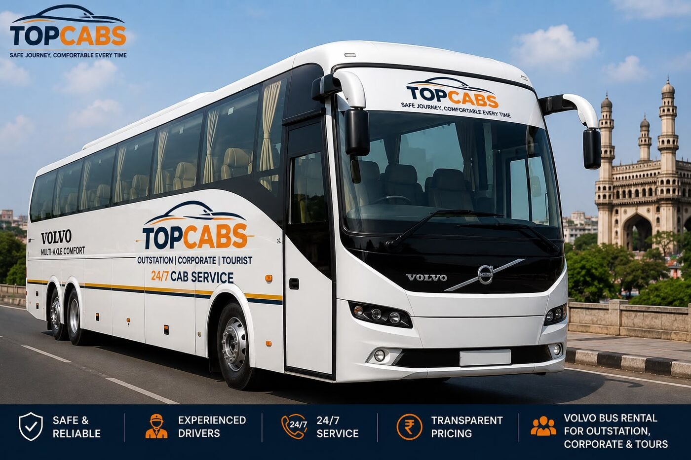 TopCabs Volvo AC coach for premium group travel in Hyderabad